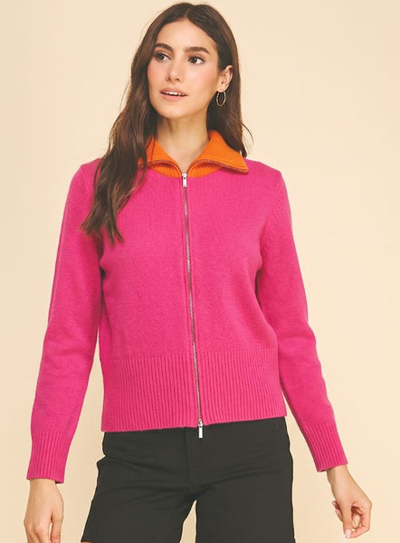 PINCH Color Block Collar Full Zip Knit Cardigan