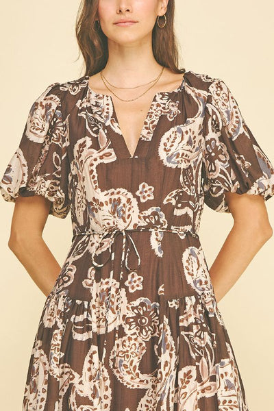 PINCH Paisley Print Puff Sleeve Midi Dress