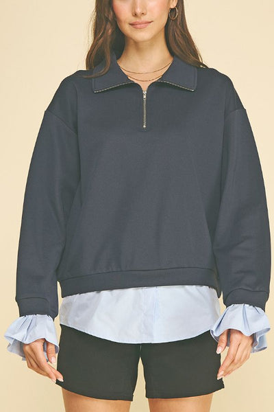 PINCH Layered Poplin Quarter Zip Sweatshirt