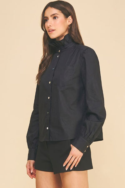 PINCH Ruffled High Neck Button Down Shirt