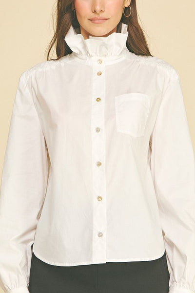 PINCH Ruffled High Neck Button Down Shirt [white]