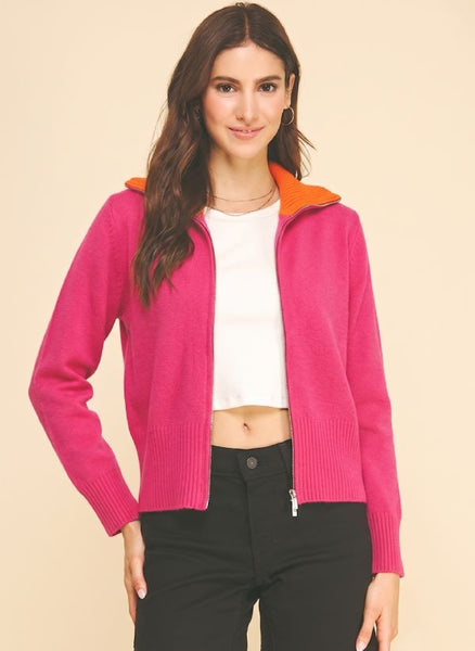PINCH Color Block Collar Full Zip Knit Cardigan