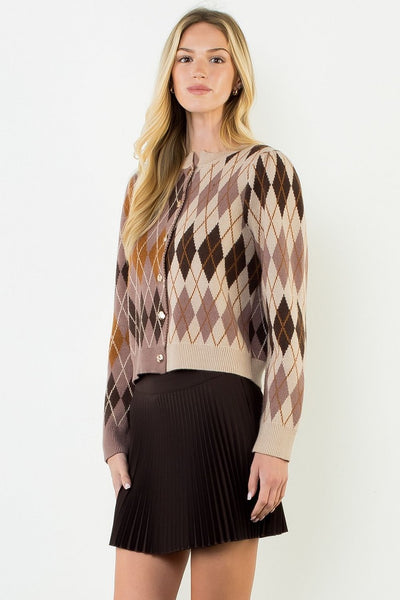 THML Argyle Pattern Gold Button Cardigan