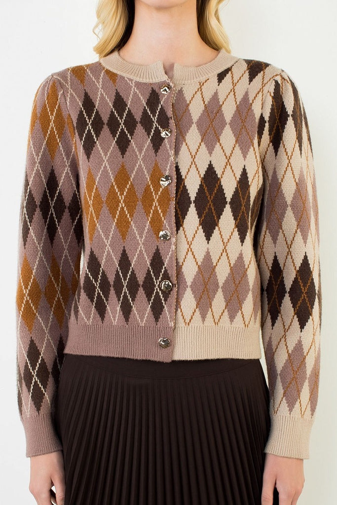 THML Argyle Pattern Gold Button Cardigan