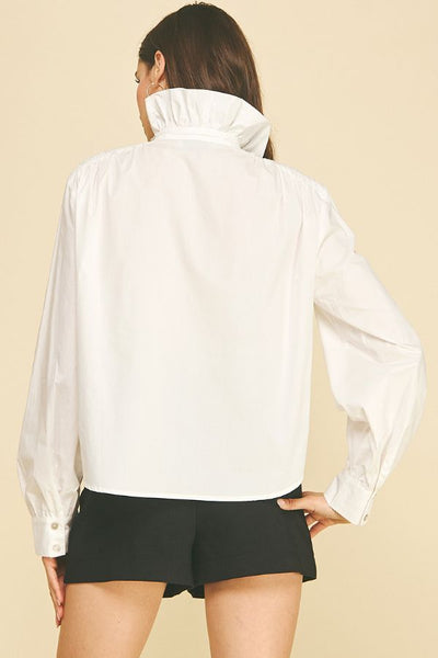 PINCH Ruffled High Neck Button Down Shirt [white]