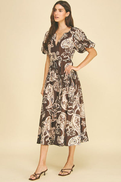 PINCH Paisley Print Puff Sleeve Midi Dress