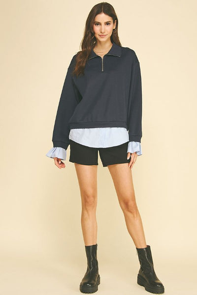 PINCH Layered Poplin Quarter Zip Sweatshirt