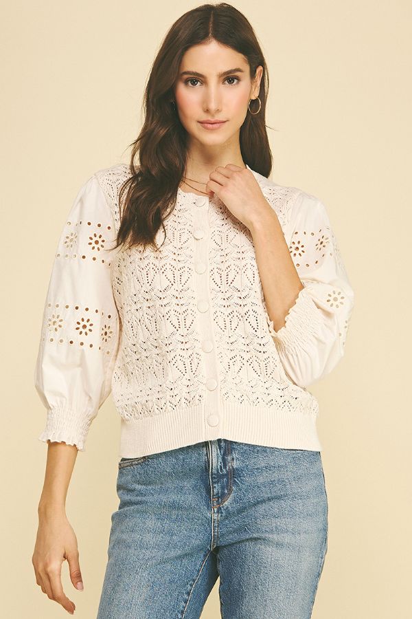 PINCH Eyelet & Knit Mixed Button Down Cardigan