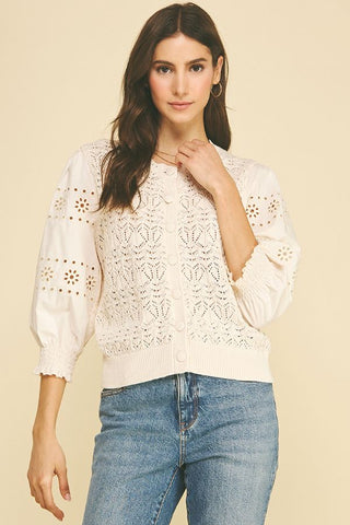 PINCH Eyelet & Knit Mixed Button Down Cardigan