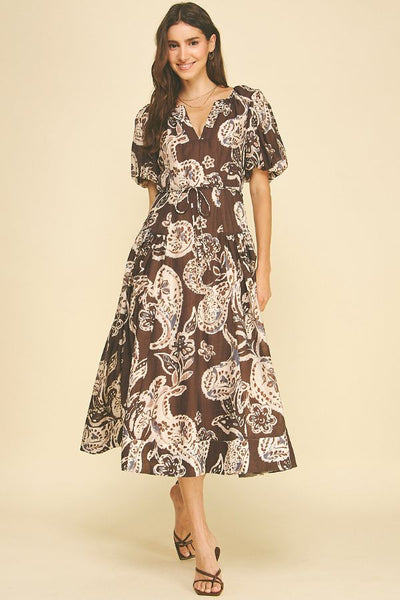 PINCH Paisley Print Puff Sleeve Midi Dress