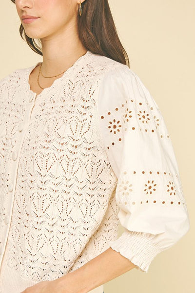 PINCH Eyelet & Knit Mixed Button Down Cardigan