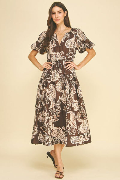PINCH Paisley Print Puff Sleeve Midi Dress
