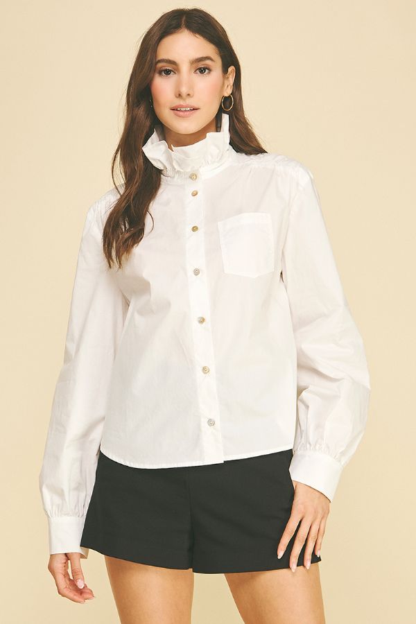 PINCH Ruffled High Neck Button Down Shirt [white]