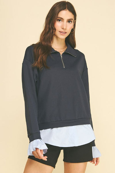 PINCH Layered Poplin Quarter Zip Sweatshirt