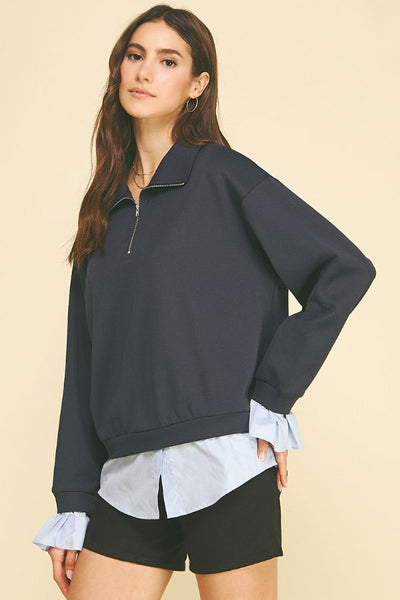 PINCH Layered Poplin Quarter Zip Sweatshirt