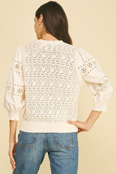 PINCH Eyelet & Knit Mixed Button Down Cardigan