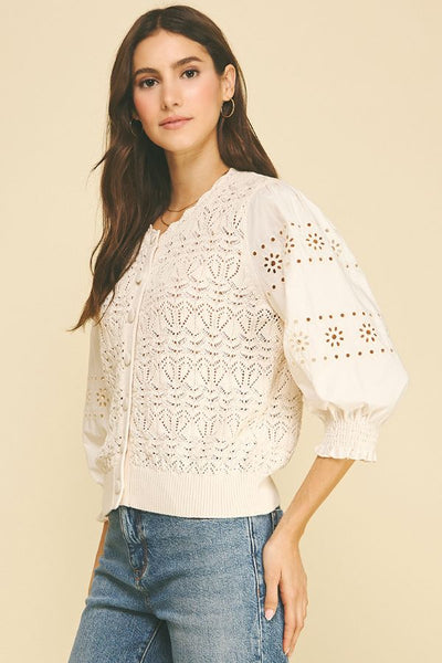 PINCH Eyelet & Knit Mixed Button Down Cardigan