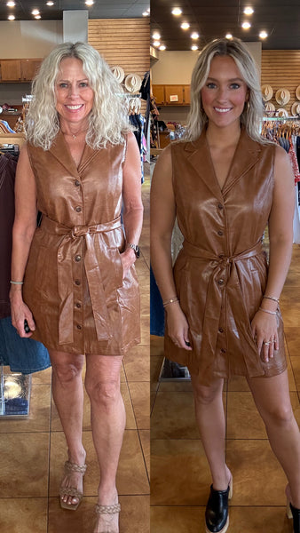 Joy Joy Vegan Leather Belted Dress