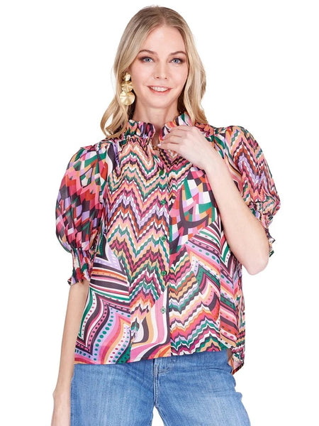 Joy Joy Geo Ruffle Neck Blouse