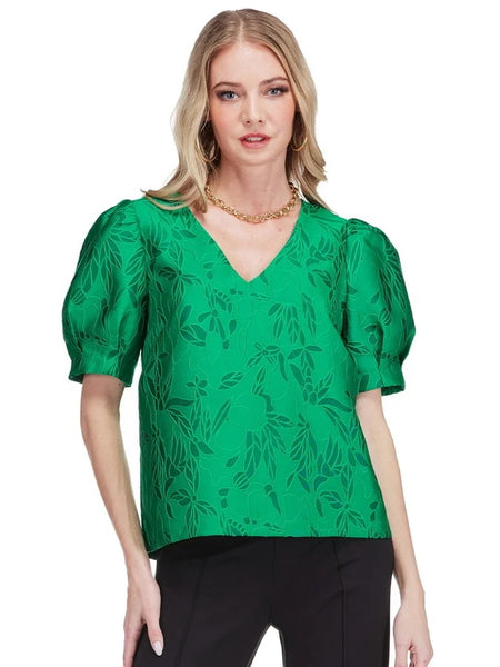 Jade Brocade Puff Sleeve Top