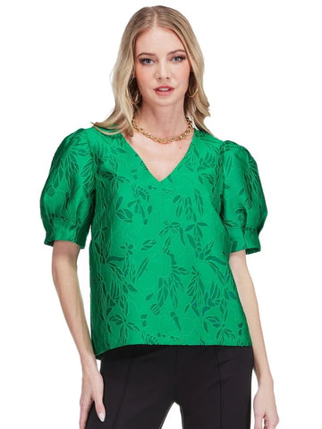 Jade Brocade Puff Sleeve Top