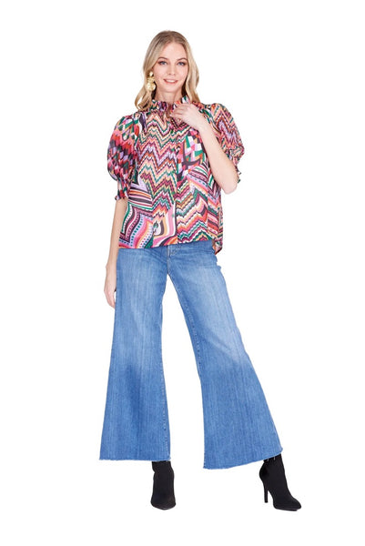 Joy Joy Geo Ruffle Neck Blouse