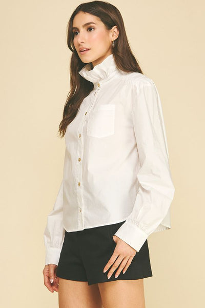 PINCH Ruffled High Neck Button Down Shirt [white]