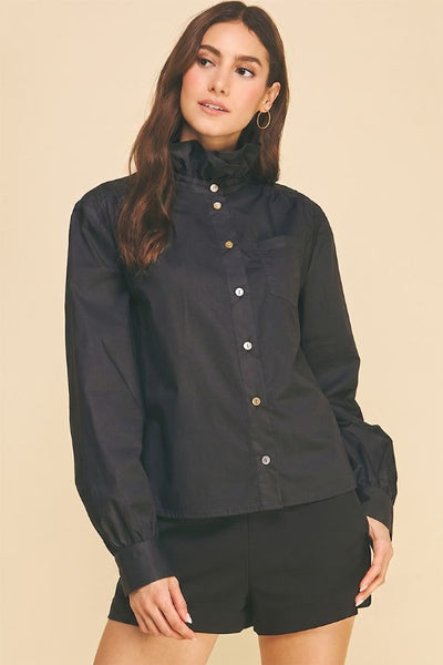PINCH Ruffled High Neck Button Down Shirt