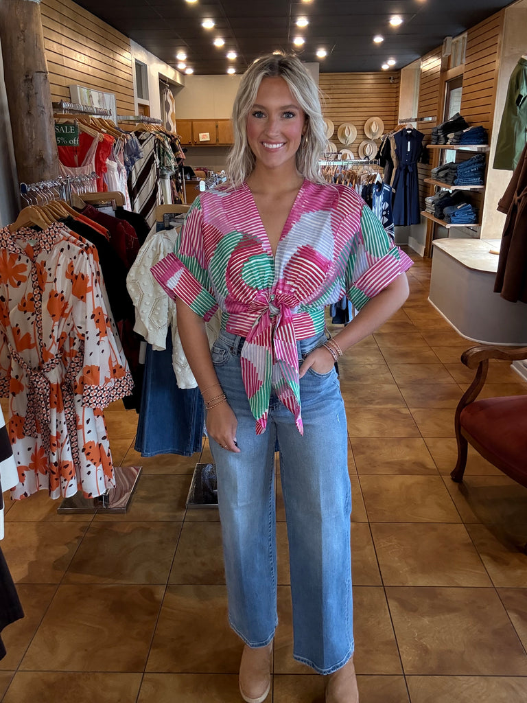 Ciebon Stripe Print Tie Front Top