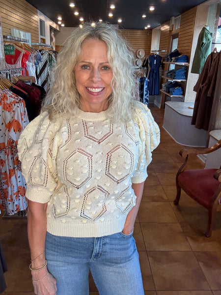 PINCH Puffed Sleeve Tonal Embroidered Sweater