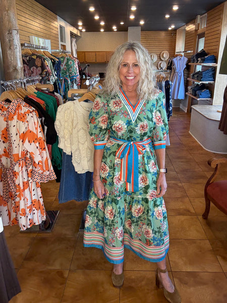 Jade Dahlia Border Trimmed V-Neck Maxi