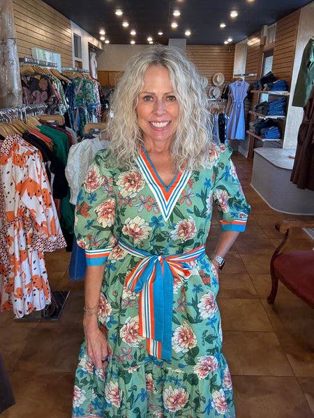 Jade Dahlia Border Trimmed V-Neck Maxi