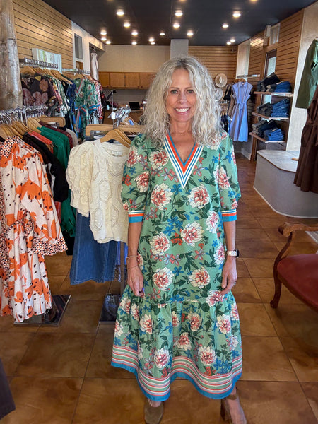 Jade Dahlia Border Trimmed V-Neck Maxi