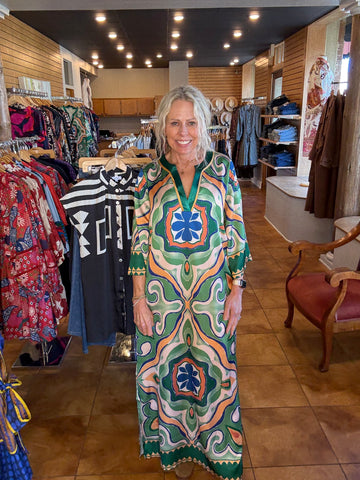 Jade Moroccan Tile Trimmed Maxi Dress