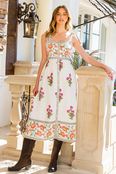 THML Tie Strap Floral Midi Dress [white]