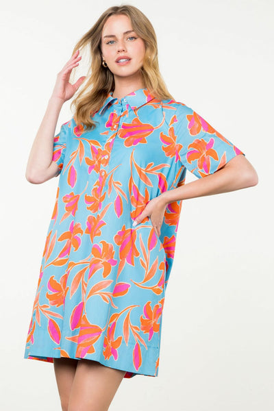 THML Short Sleeve Button Front Flower Dress