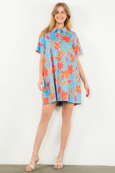 THML Short Sleeve Button Front Flower Dress