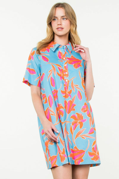 THML Short Sleeve Button Front Flower Dress