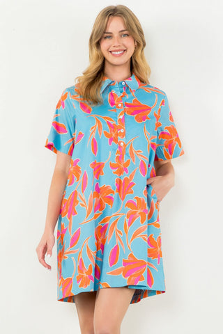 THML Short Sleeve Button Front Flower Dress