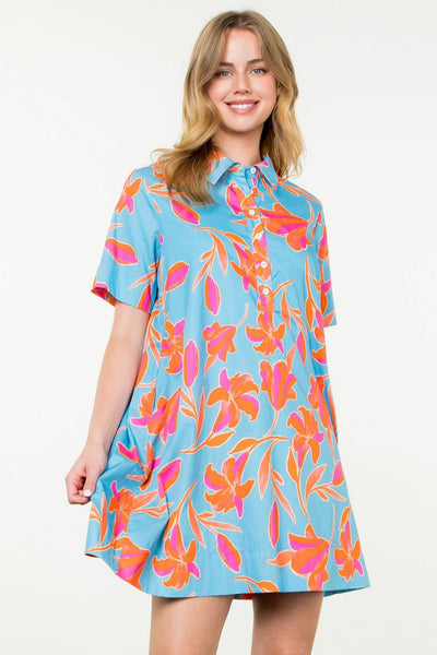 THML Short Sleeve Button Front Flower Dress