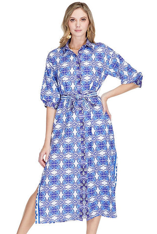 Jade Damask Maxi Shirt Dress