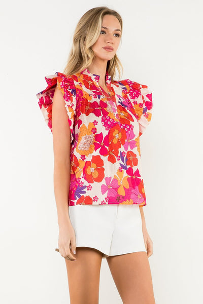 THML Red Flutter Sleeve Floral Top
