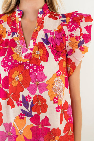 THML Red Flutter Sleeve Floral Top