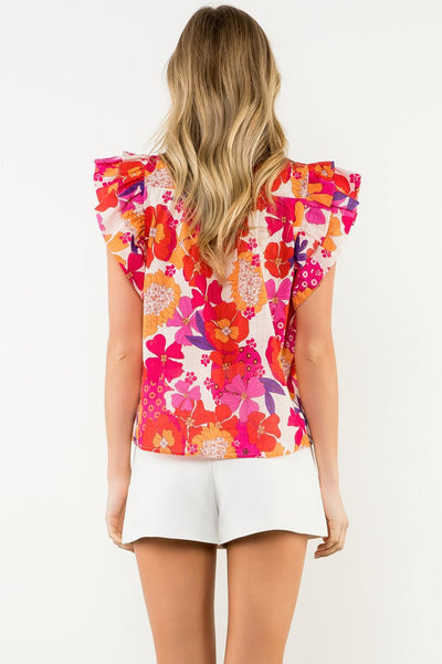 THML Red Flutter Sleeve Floral Top