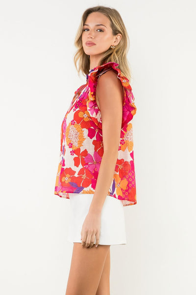 THML Red Flutter Sleeve Floral Top