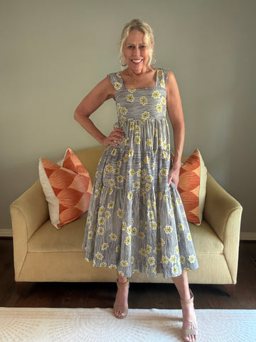 PINCH Floral Stripe Tiered Midi Dress