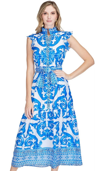 Jade Blue Wave Button Front Maxi Dress