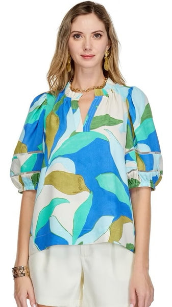 Jade Puff Sleeve Trim Placket Top