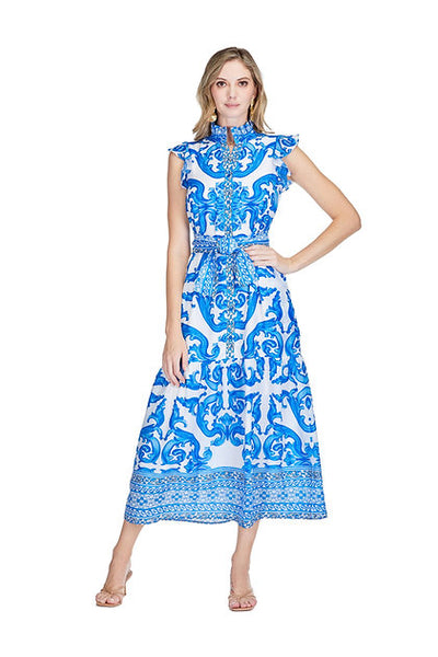 Jade Blue Wave Button Front Maxi Dress