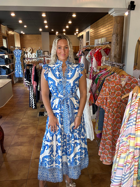Jade Blue Wave Button Front Maxi Dress